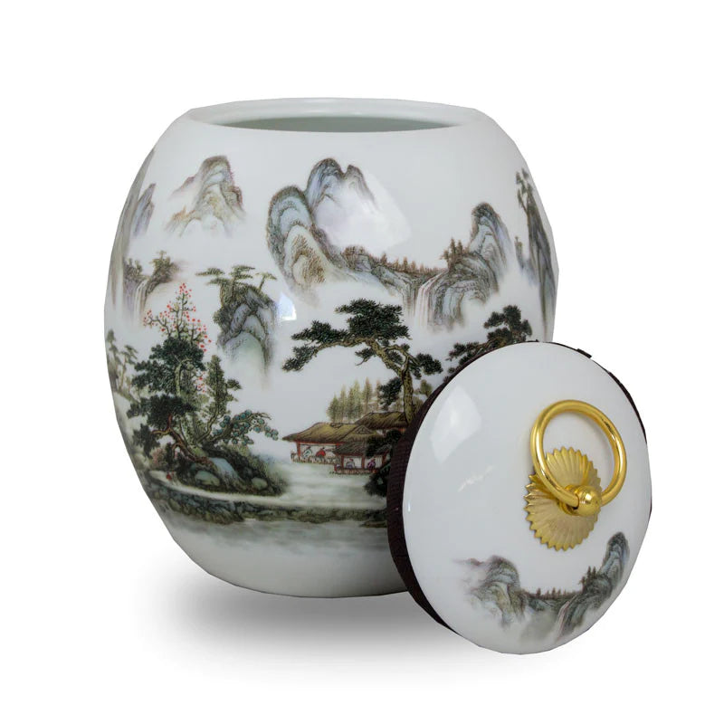 Misty Mountains Ceramic Cremation Urn Lid off