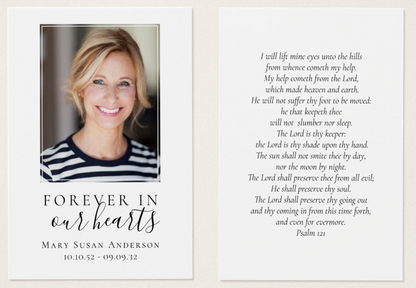 Elegant Forever in Our Hearts Photo Funeral Prayer Card | 100 cards